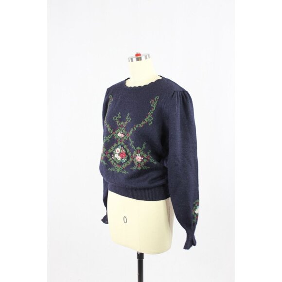 Vintage 90's HERMAN GEIST Navy Blue Knit Hand Embroidered Floral Sweater, Size S - Picture 4 of 12